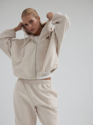 rozpinana bluza oversize typu baloon sleeve z kapturem LE PUMP almond beige