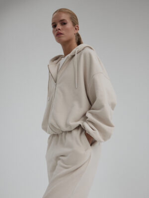 rozpinana bluza oversize typu baloon sleeve z kapturem LE PUMP almond beige