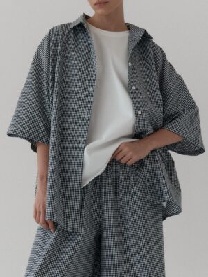 bawełniana koszula oversize z krótkim rękawem MAU vichy black/off-white