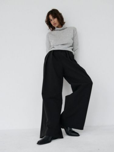 Cienkie wełniane spodnie z wysokim stanem wide leg