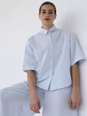 bawełniana koszula z krótkim rękawem ELEO striped off-white/blue